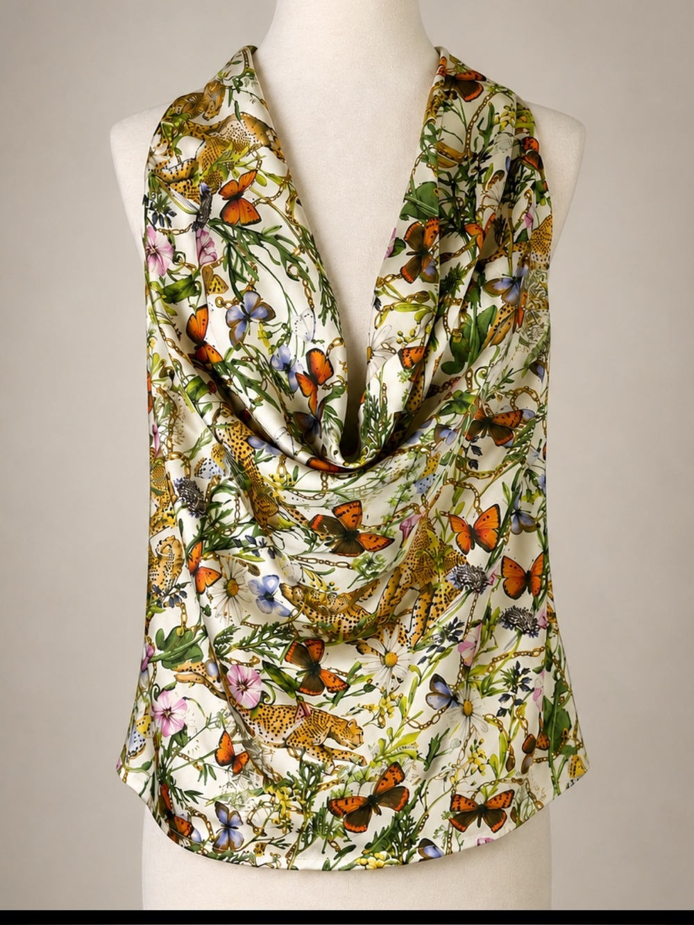 NWT Avec Les Filles Botanical Cheetah Scarf Halter Blouse Open Back Bow Top L